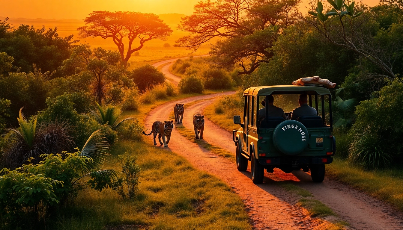 Experience thrilling wildlife safari tours in India, featuring majestic tigers in their natural habitat during sunset.