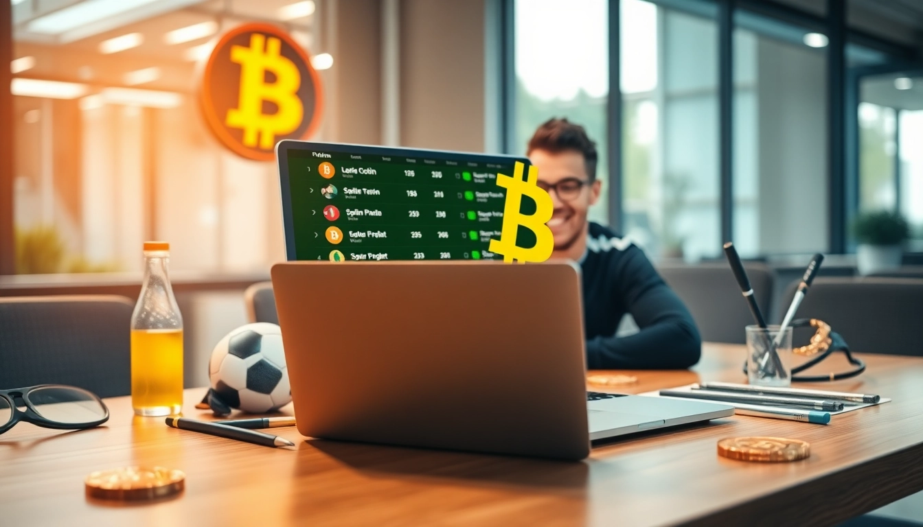 Erleben Sie spannende Online-Sportwetten mit Bitcoin auf einem Laptop, umgeben von Sportutensilien.