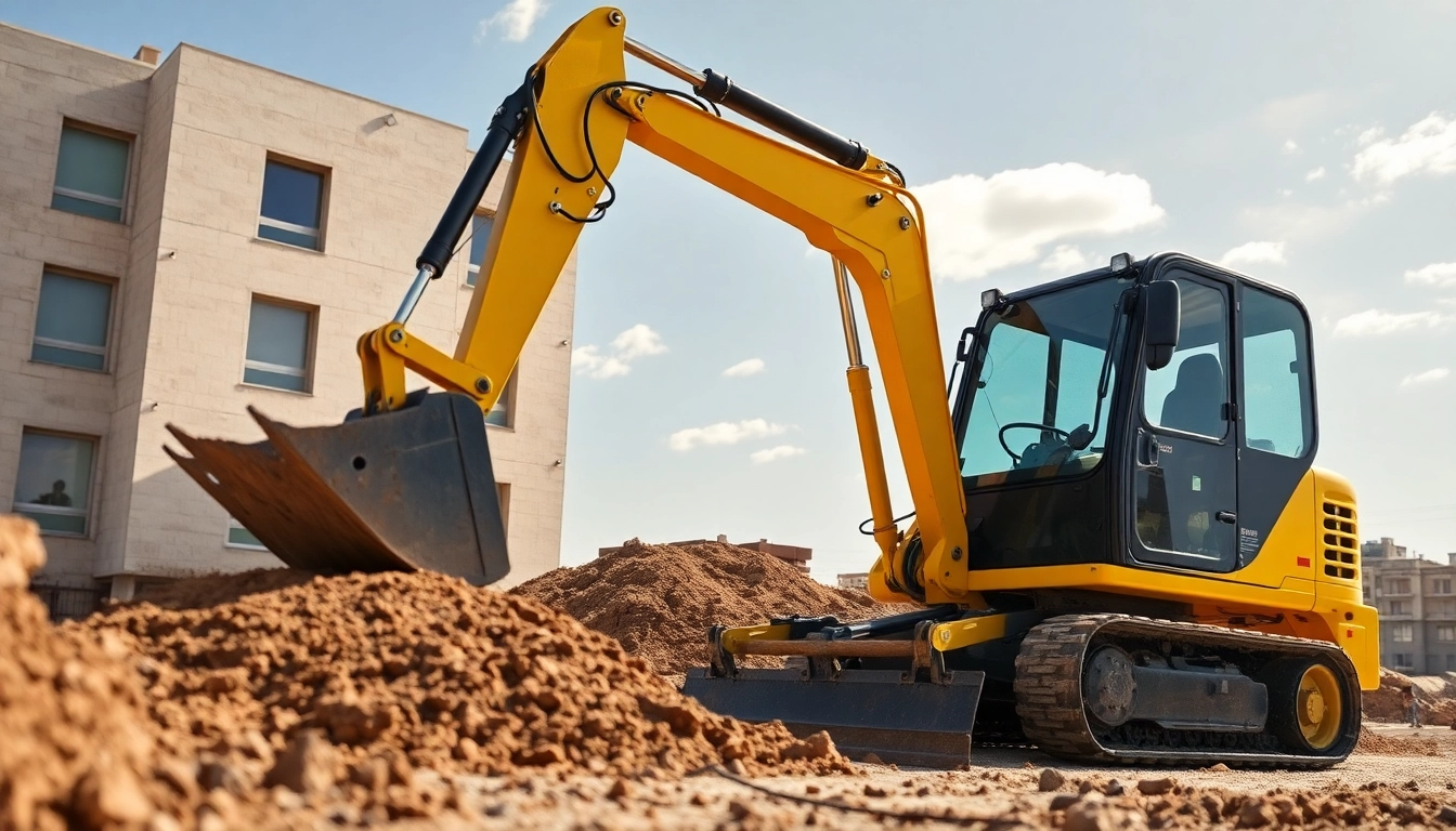 Minibagger mieten Celle: Moderner Minibagger auf Baustelle, der Erde gräbt, umgeben von Arbeitern.
