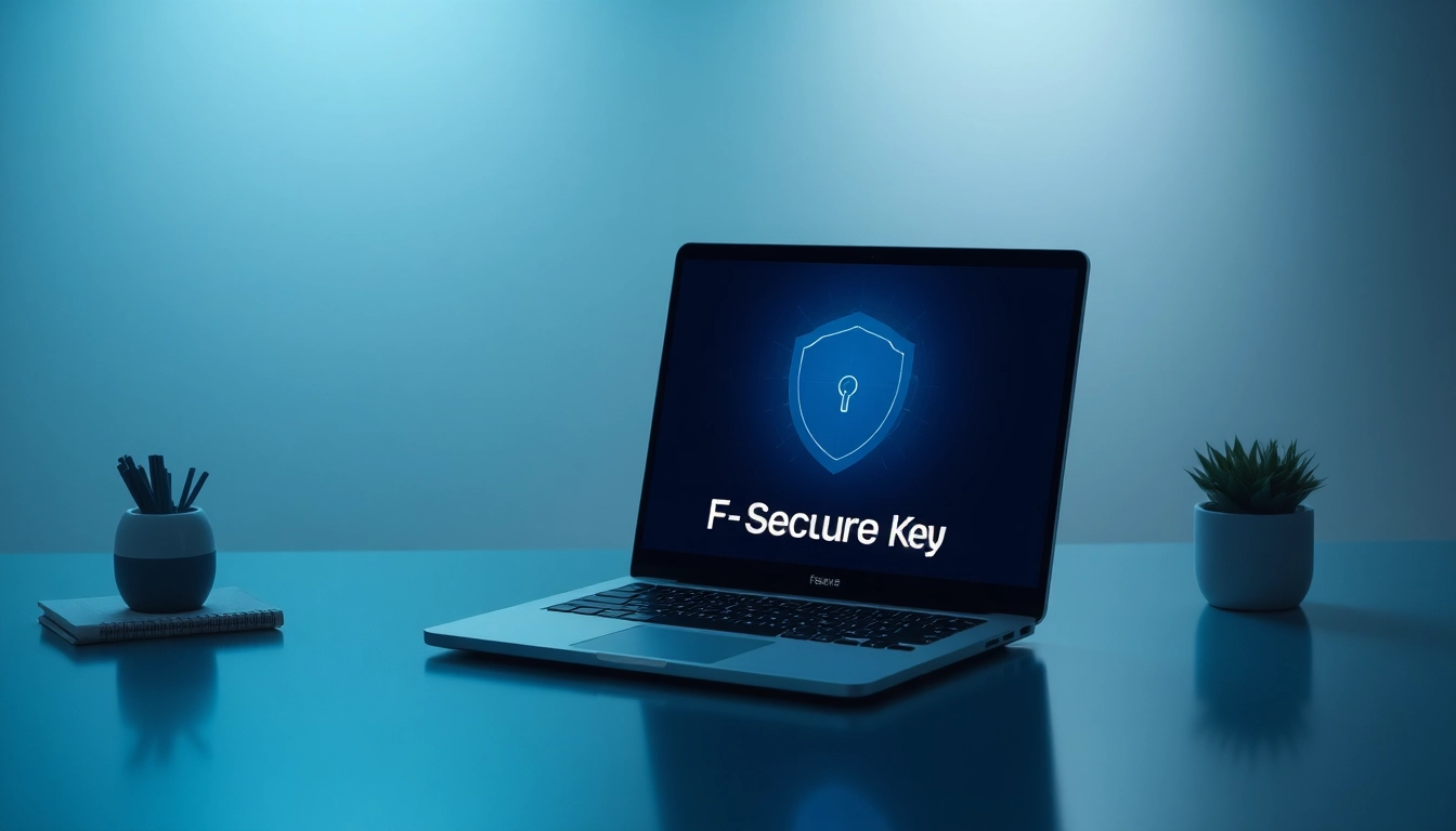 Entdecke den F-Secure Total Security Key zur Sicherung deiner Daten und Geräte in einer modernen Arbeitsumgebung mit technischen Elementen.
