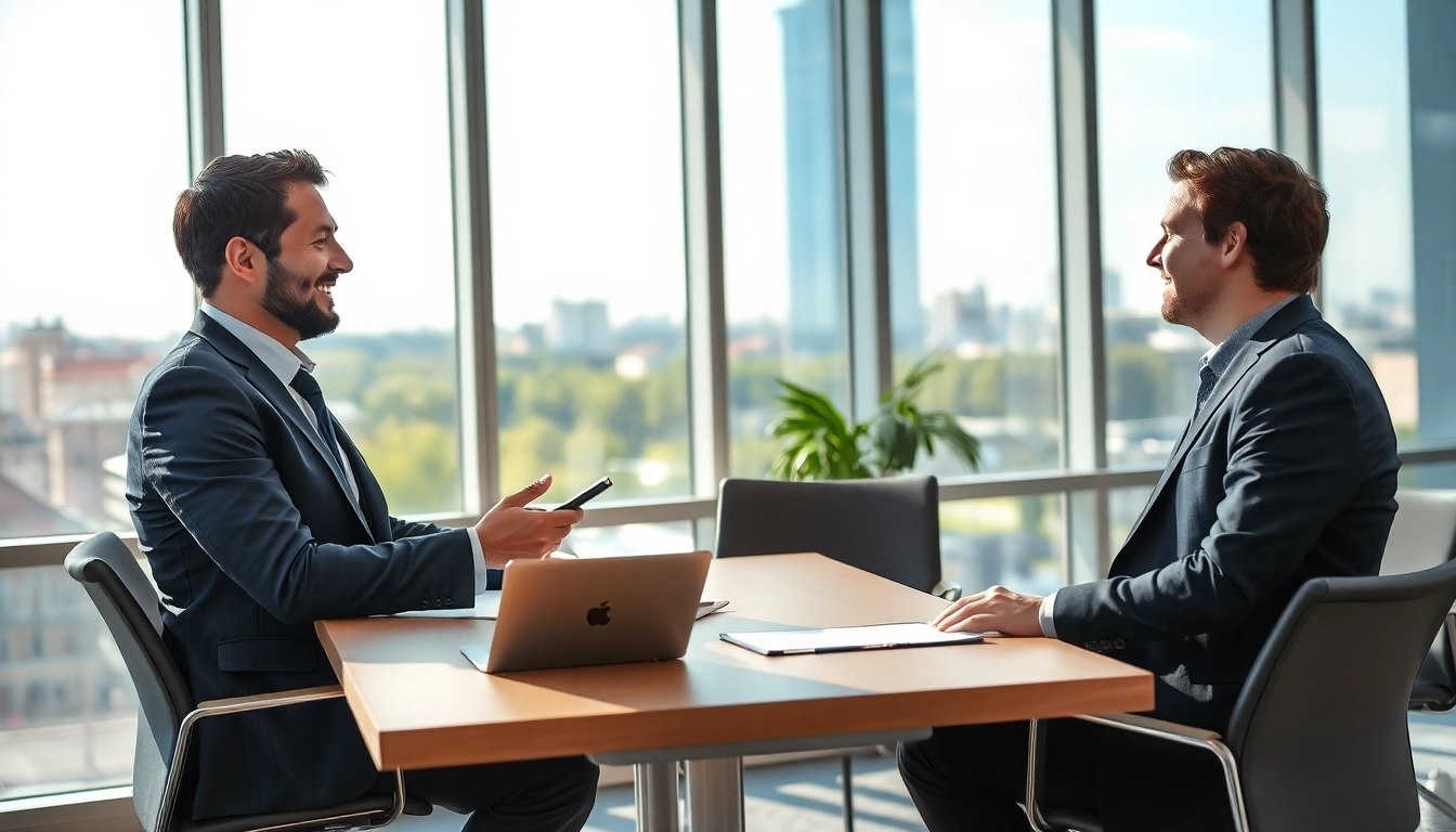 Headhunter Oberhausen führt ein Vorstellungsgespräch mit einem Kandidaten in einem modernen Büro, umgeben von natürlichem Licht.