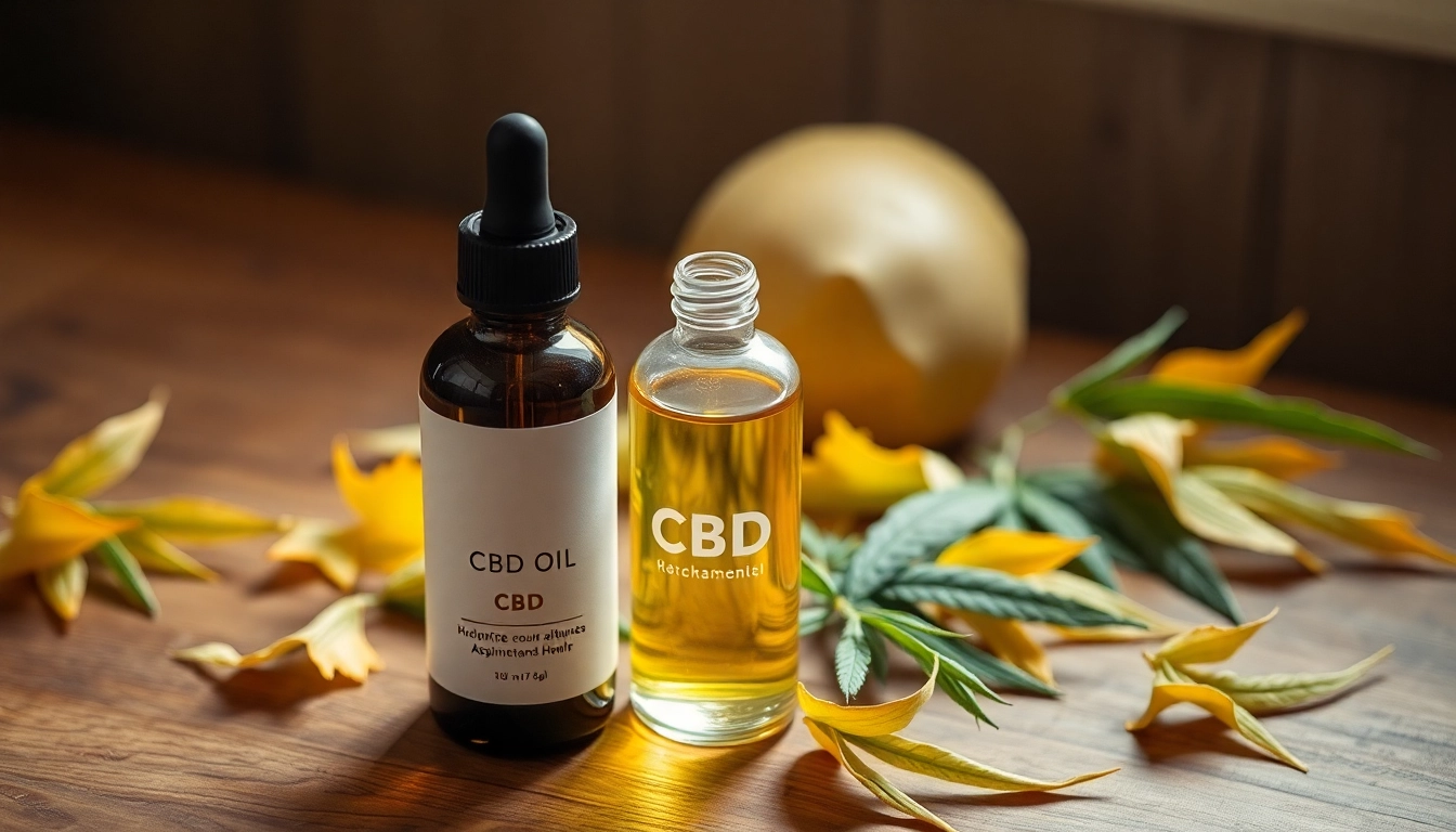 Entdecken Sie cbd öl in einer handgefertigten Flasche, umgeben von frischen Hanfblättern.