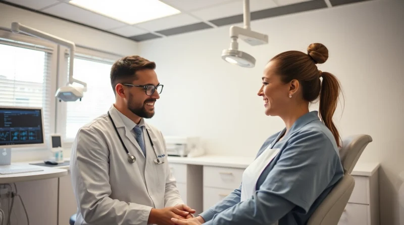 Headhunter Zahnmedizinische Fachangestellte in einer modernen Zahnarztpraxis, mit einem Zahnarzt und zahnmedizinischen Fachangestellten im freundlichen Austausch mit einem Patienten.