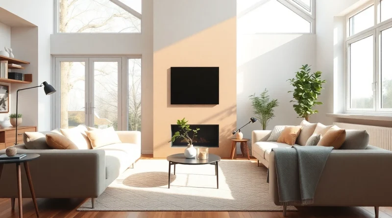 Moderne Raumgestaltung in einem einladenden Wohnzimmer mit natürlichem Licht.