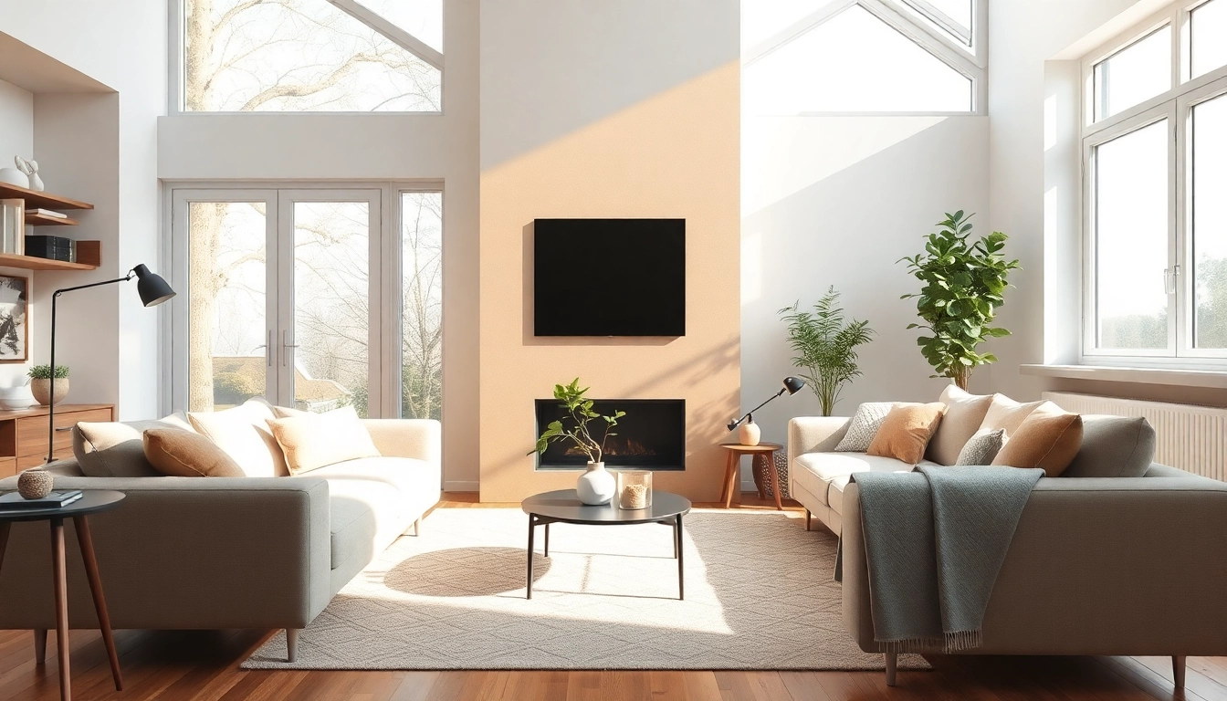 Moderne Raumgestaltung in einem einladenden Wohnzimmer mit natürlichem Licht.