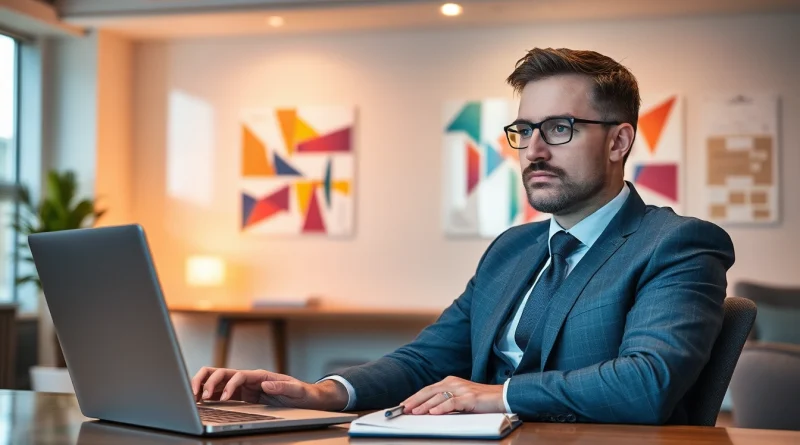 Headhunter CEO arbeitet konzentriert am Laptop in elegantem Büro mit inspirierender Dekoration.