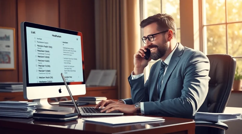 Headhunter Ärzte in einem eleganten Büro telefoniert und arbeitet am Laptop.