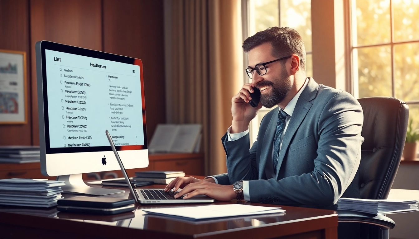 Headhunter Ärzte in einem eleganten Büro telefoniert und arbeitet am Laptop.