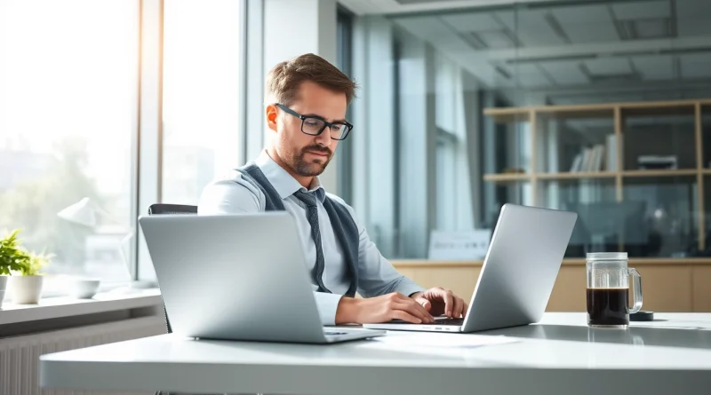 Headhunter prüft Lebensläufe in einem modernen Büro mit vertraulicher Atmosphäre.