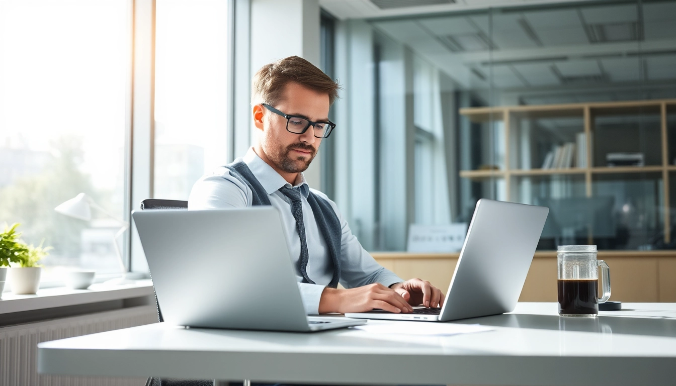Headhunter prüft Lebensläufe in einem modernen Büro mit vertraulicher Atmosphäre.