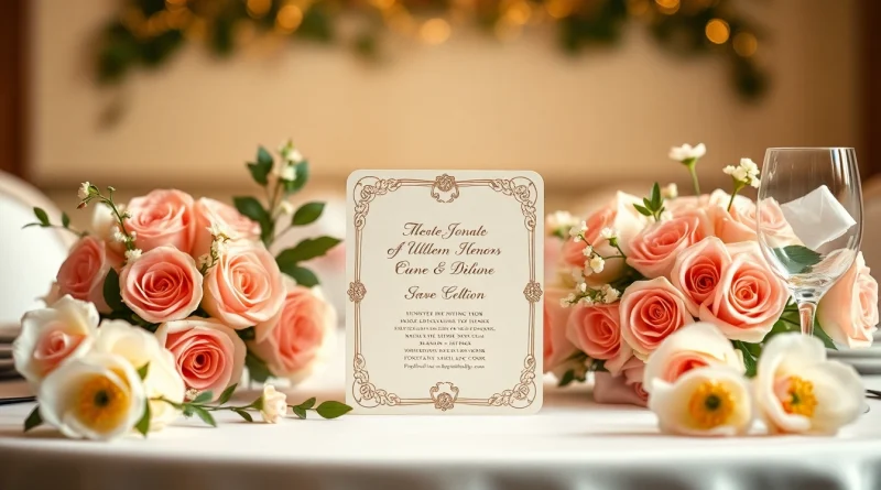 Gestalte personalisierbare Hochzeitskarten in einem romantischen Ambiente mit Blumen und eleganter Anordnung.