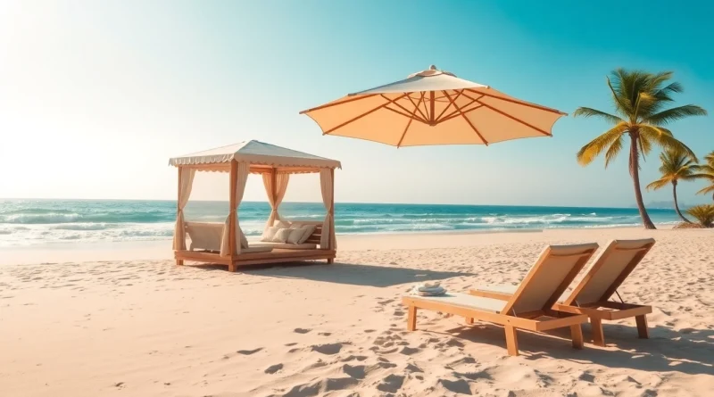 Genießen Sie die Küstencabana mit sonnigem Strand und Liegen für ultimativen Komfort.