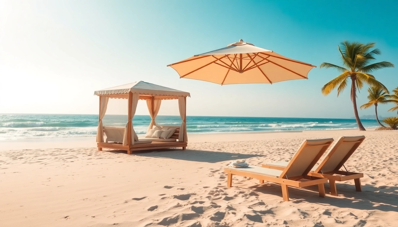 Genießen Sie die Küstencabana mit sonnigem Strand und Liegen für ultimativen Komfort.