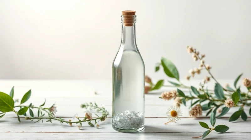 olloidales Silber kaufen: Reinheit und Qualität durch elegantes Stillleben mit Silberflasche und natürlichen Kräutern.