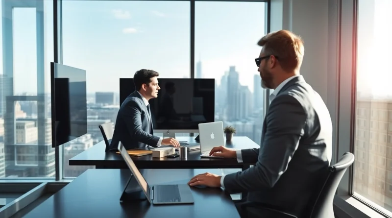 Headhunter IT führt ein professionelles Gespräch in modernem Büro.