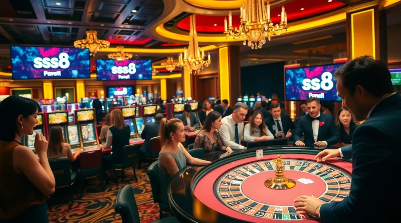Excited players at a vibrant casino scene, featuring s8 promotions amidst roulette and slot machines.