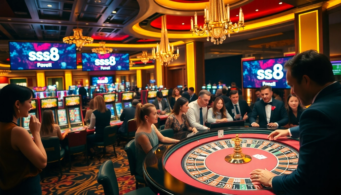 Excited players at a vibrant casino scene, featuring s8 promotions amidst roulette and slot machines.