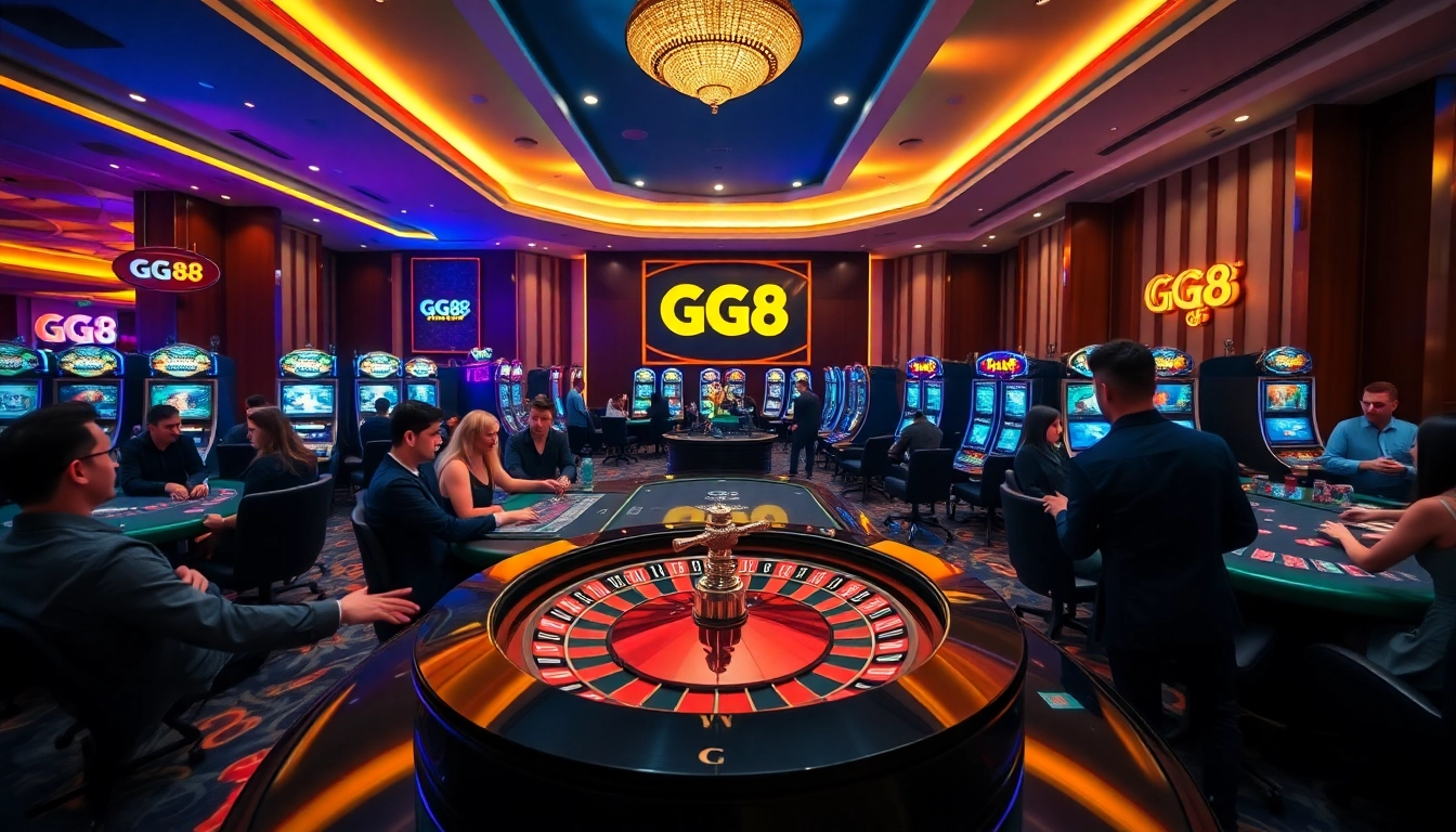 Exciting gameplay at GG88 casino with poker tables and vibrant slot machines.