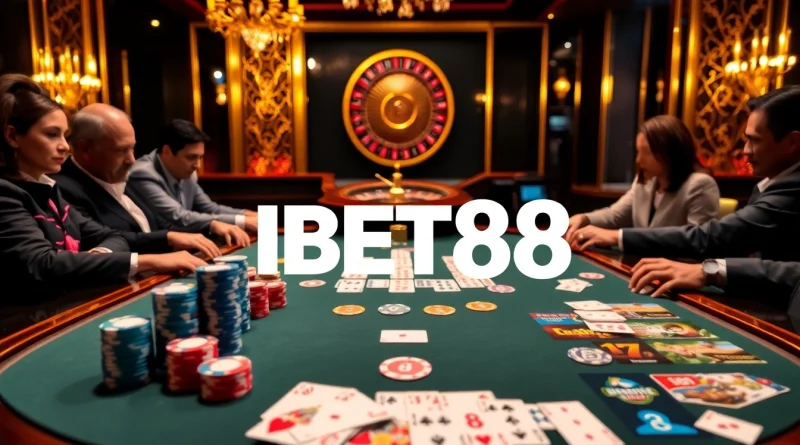 Experience exciting gambling action with BET88 at a vibrant casino table filled with cards and chips.