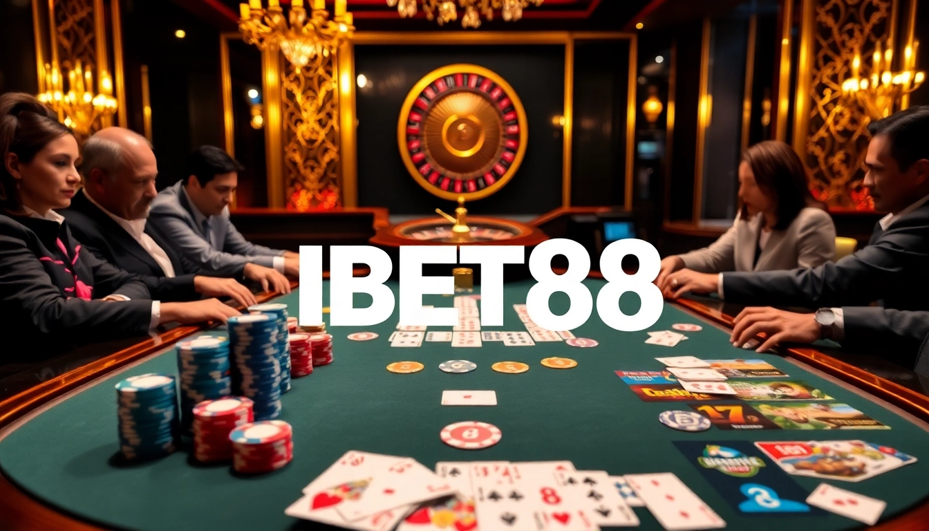 Experience exciting gambling action with BET88 at a vibrant casino table filled with cards and chips.