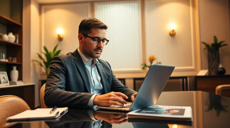 Headhunter Gastronomie, der in einem eleganten Büro arbeitet und Gastronomie-Magazine studiert.