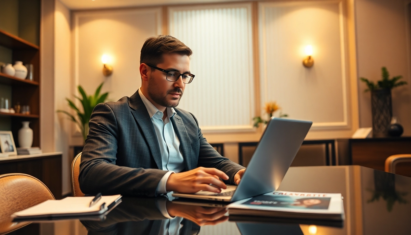 Headhunter Gastronomie, der in einem eleganten Büro arbeitet und Gastronomie-Magazine studiert.