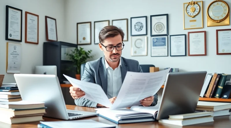 Erfahrener vereidigter Übersetzer prüft juristische Dokumente in einem professionellen Büro.