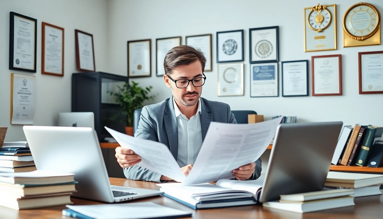 Erfahrener vereidigter Übersetzer prüft juristische Dokumente in einem professionellen Büro.