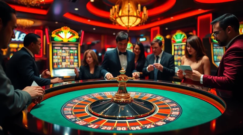 This exhilarating gaming experience at https://luck8.name/ highlights players intensely engaged in a roulette game with chips and cards.