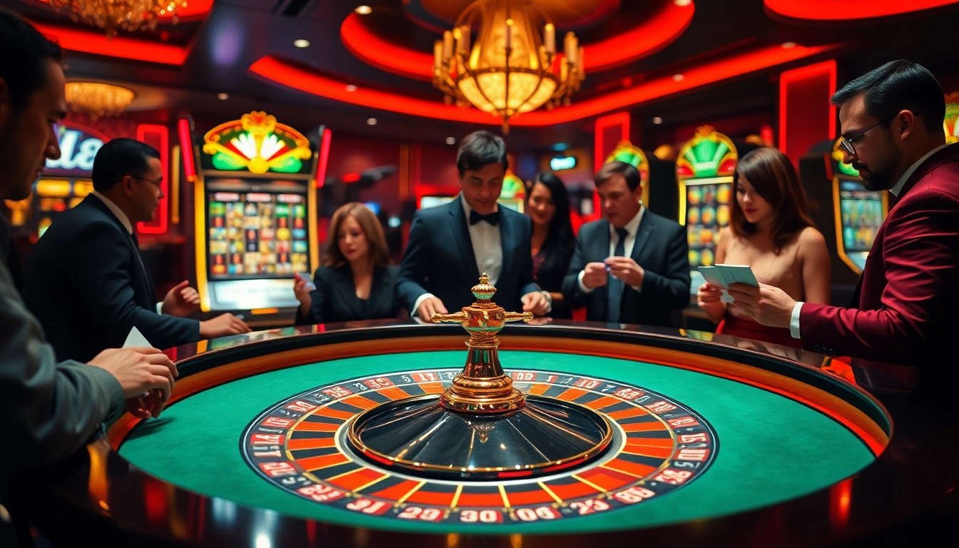 This exhilarating gaming experience at https://luck8.name/ highlights players intensely engaged in a roulette game with chips and cards.