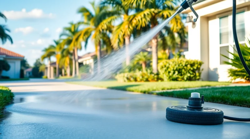 Driveway pressure wash service in Kissimmee, showcasing clean concrete and vibrant scenery.