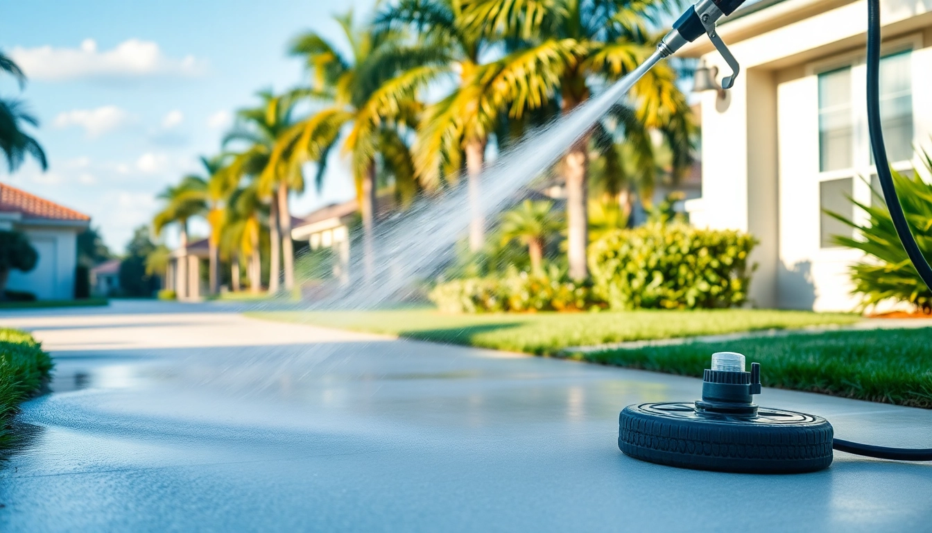 Driveway pressure wash service in Kissimmee, showcasing clean concrete and vibrant scenery.