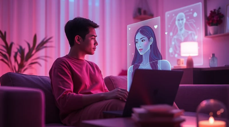 Engaging scene of a user enjoying ai chat porn with a digital AI character in a warm, intimate setting.