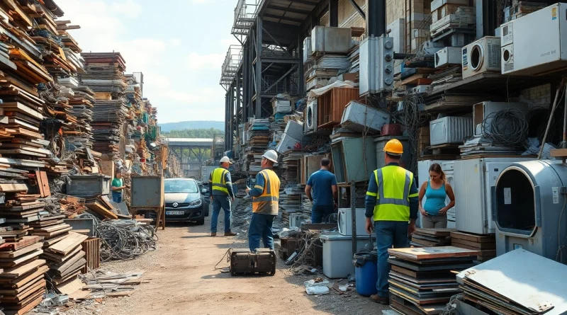 Dynamische Umgebung, die den Schrotthandel Wuppertal zeigt, mit Mitarbeitern, die Schrottmetall bearbeiten und Recyclingausrüstung verwenden.