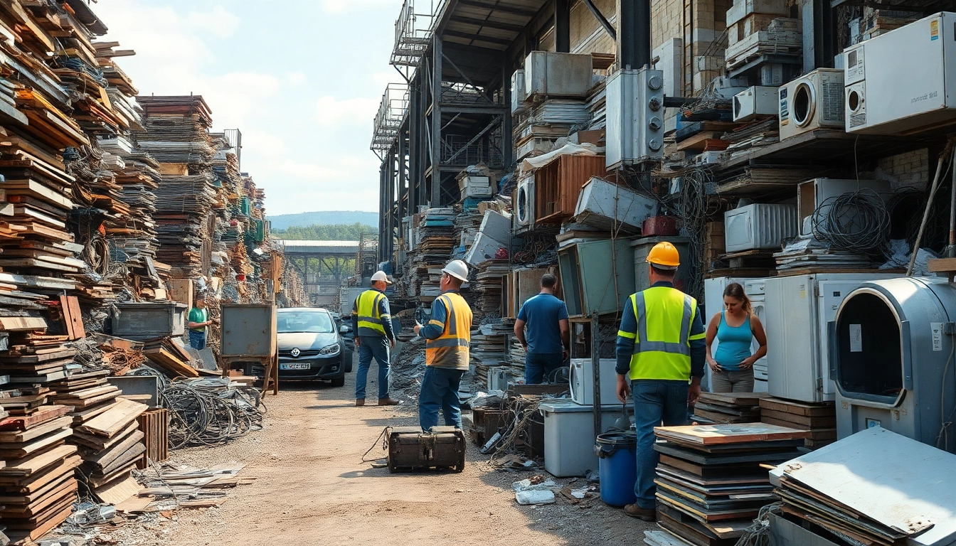 Dynamische Umgebung, die den Schrotthandel Wuppertal zeigt, mit Mitarbeitern, die Schrottmetall bearbeiten und Recyclingausrüstung verwenden.