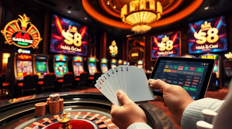 Engaging scene of Nhà Cái S8 casino table games featuring vibrant colors, poker chips, and players.