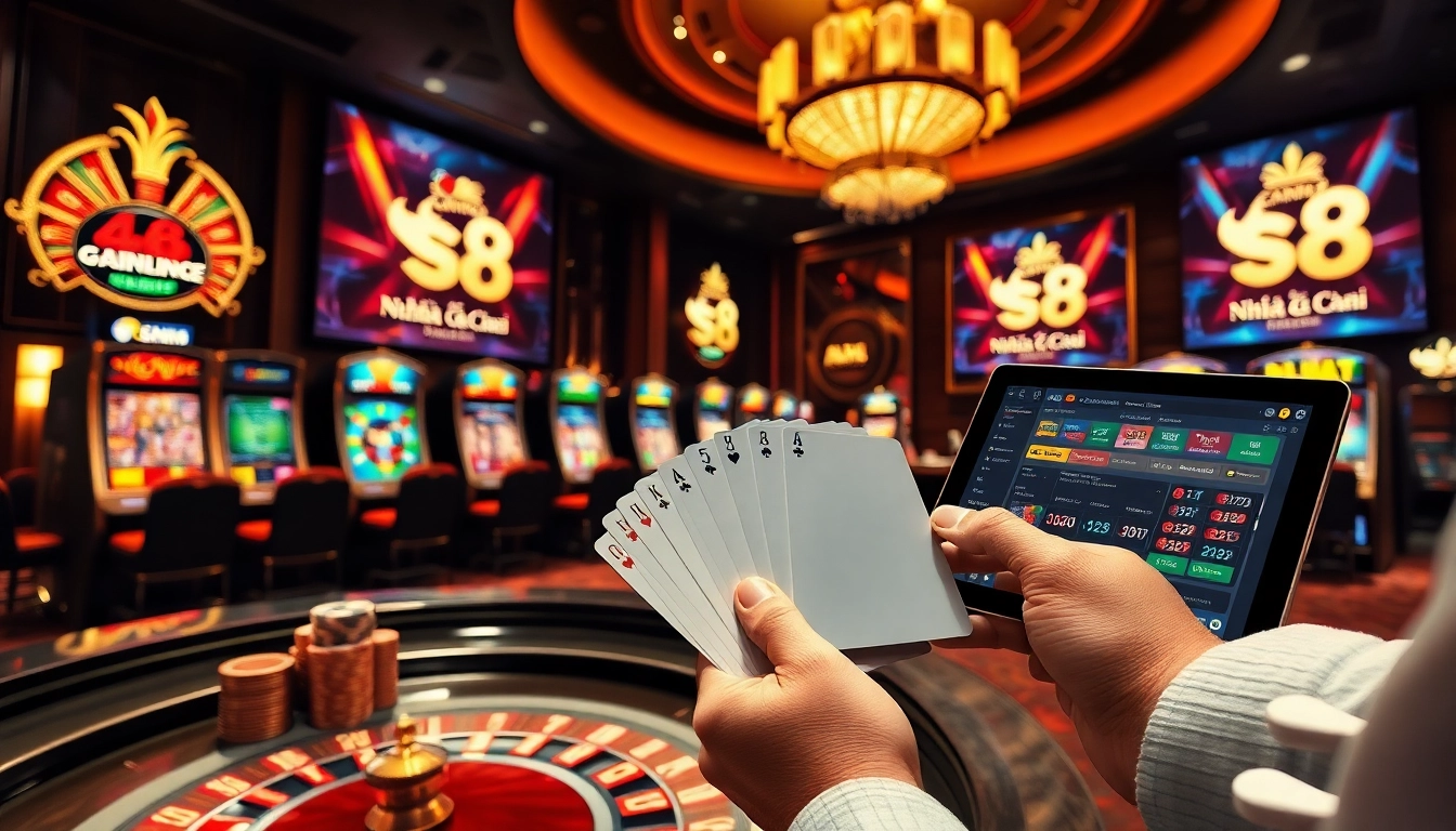Engaging scene of Nhà Cái S8 casino table games featuring vibrant colors, poker chips, and players.