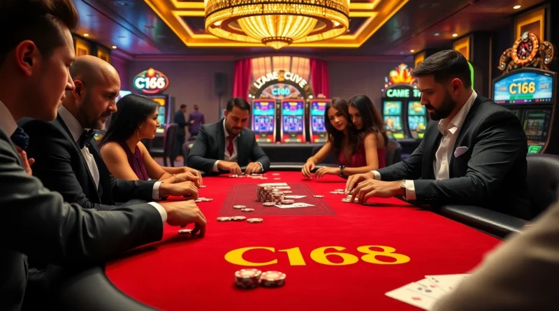 C168 branded poker table in a luxury casino with players engaged in high-stakes action.