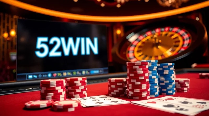 Exciting poker scene featuring 52WIN with vibrant chips and cards at a luxurious casino table.