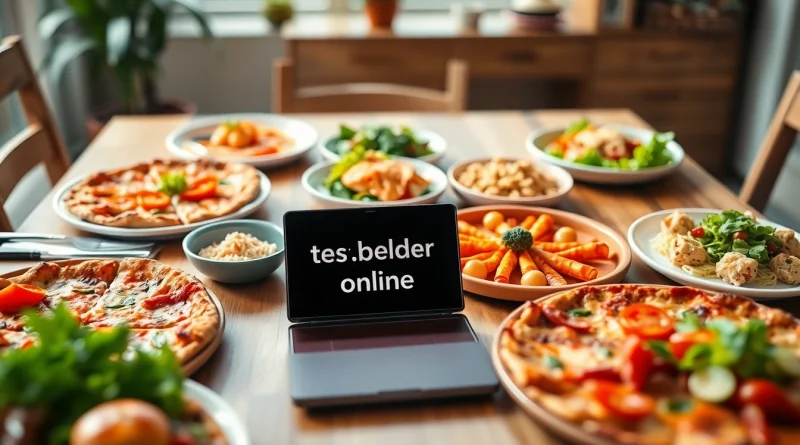 Essen bestellen online: Eine einladende Auswahl an bunten Gerichten auf einem Tisch mit einem Laptop, der Online-Bestellungen zeigt.