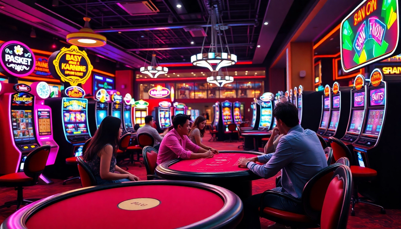 Játékosok élvezik az online kaszinó játékokat, színes gépek között, izgalmas légkörben.