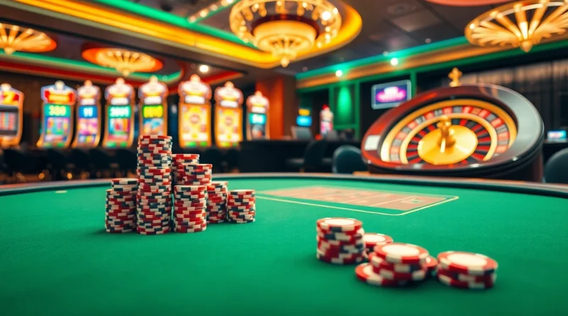 Experience the excitement of gambling at 88i nhà cái with poker chips and slot machines in a luxurious casino setting.