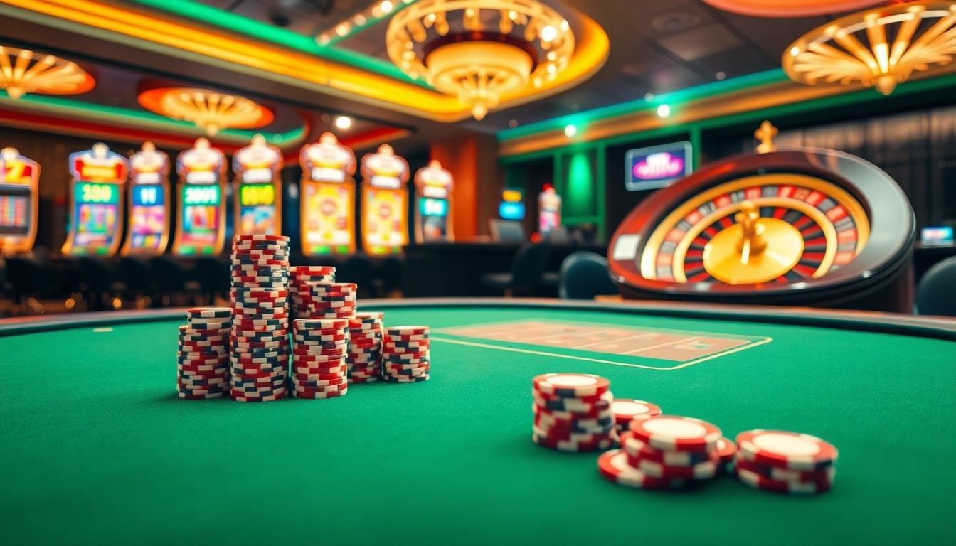 Experience the excitement of gambling at 88i nhà cái with poker chips and slot machines in a luxurious casino setting.