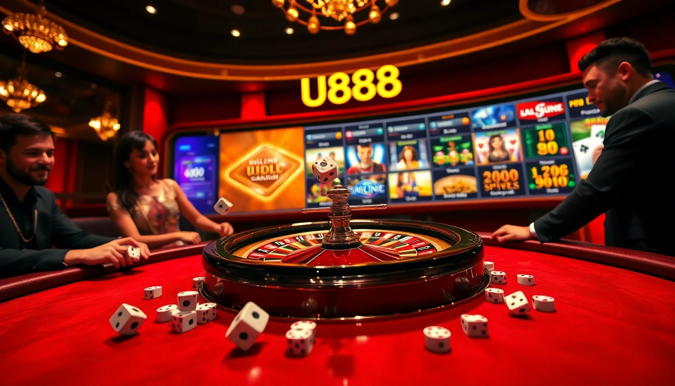 Experience thrilling gameplay at U888's luxurious casino tables with vibrant roulette wheels and eager players.