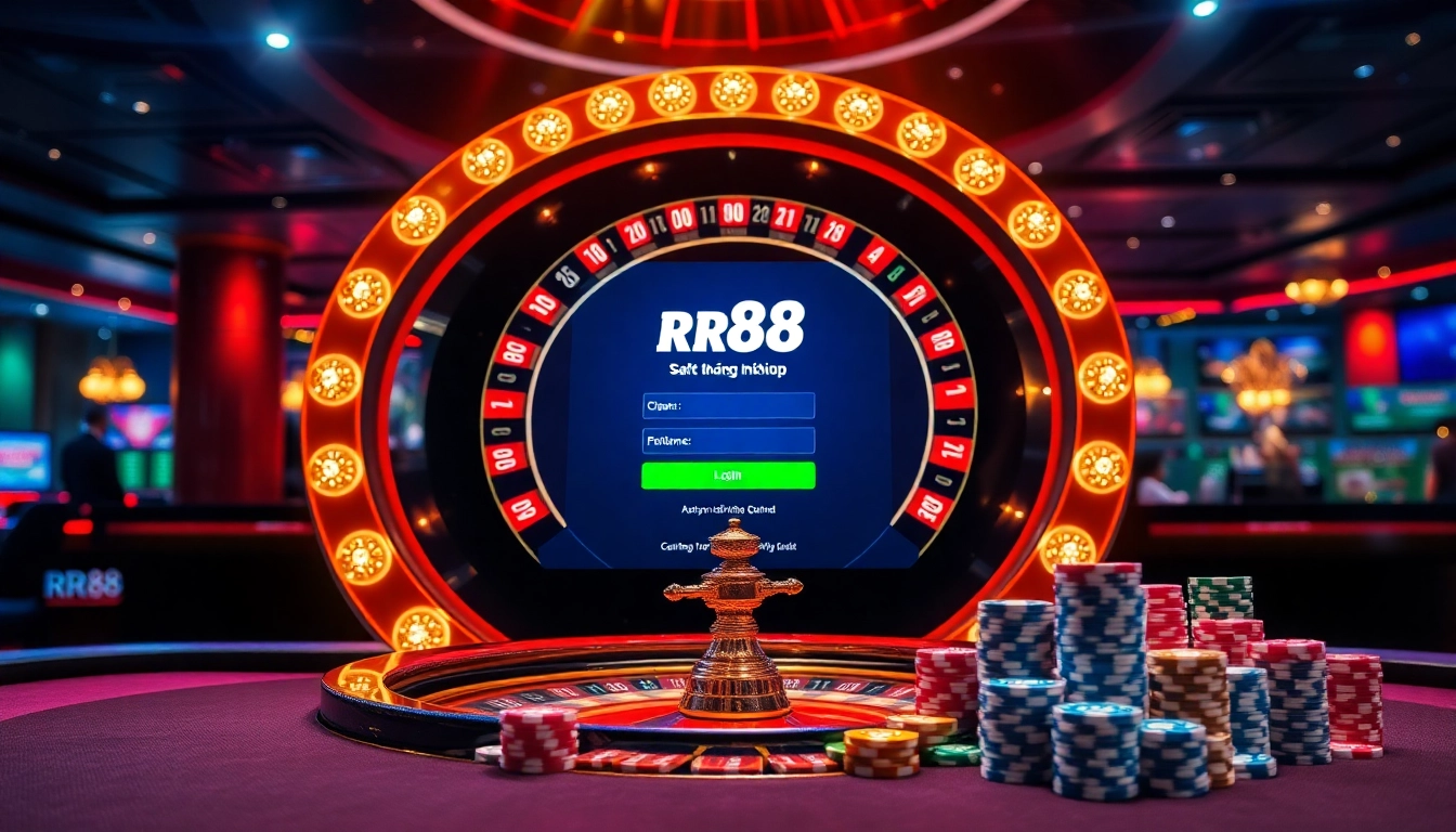 Experience the excitement of rr88 đăng nhập with a vibrant casino scene showcasing roulette wheels and poker chips.