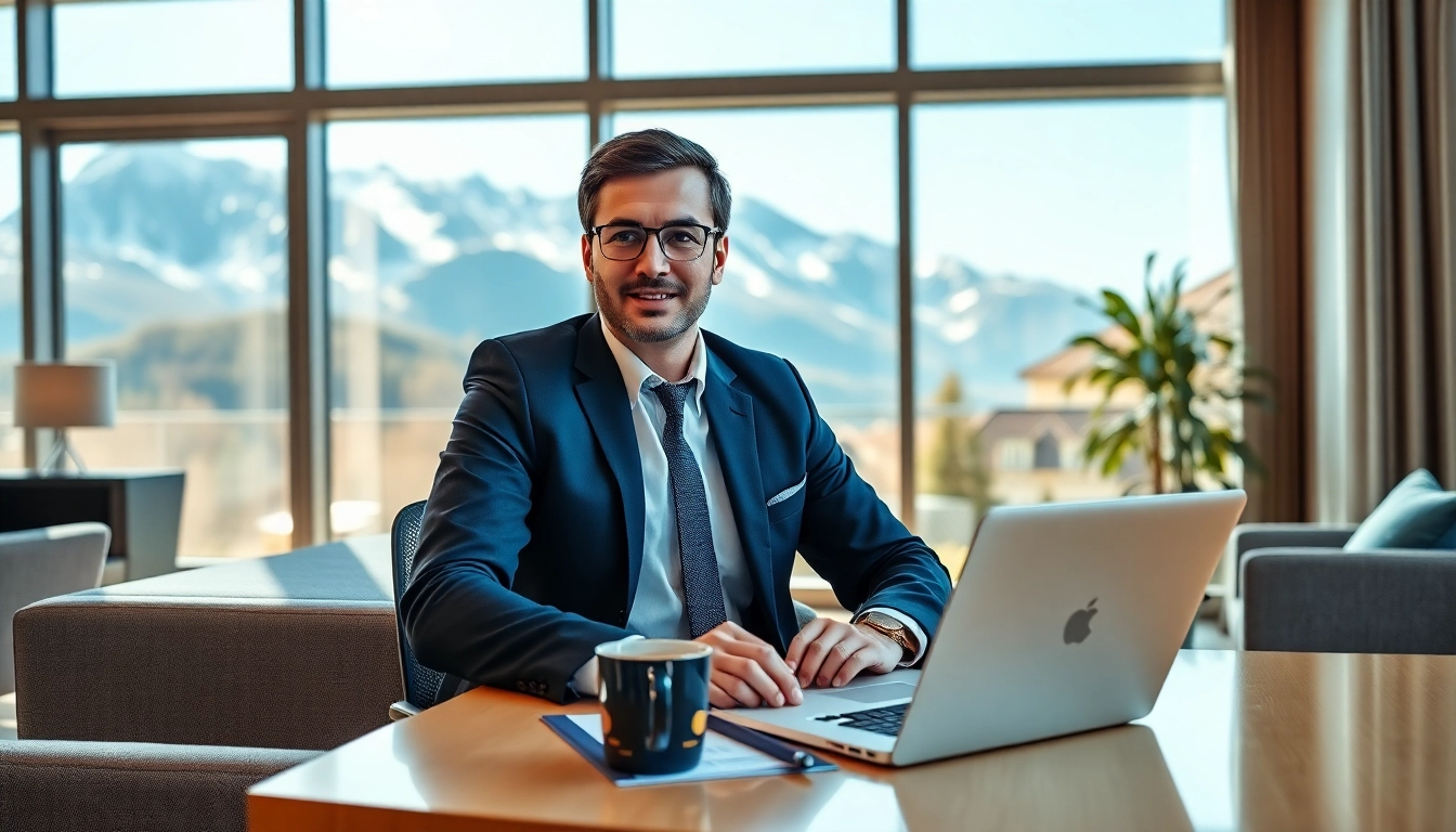 Headhunter Schweiz in modern office scenario, engaging with candidates via video call.