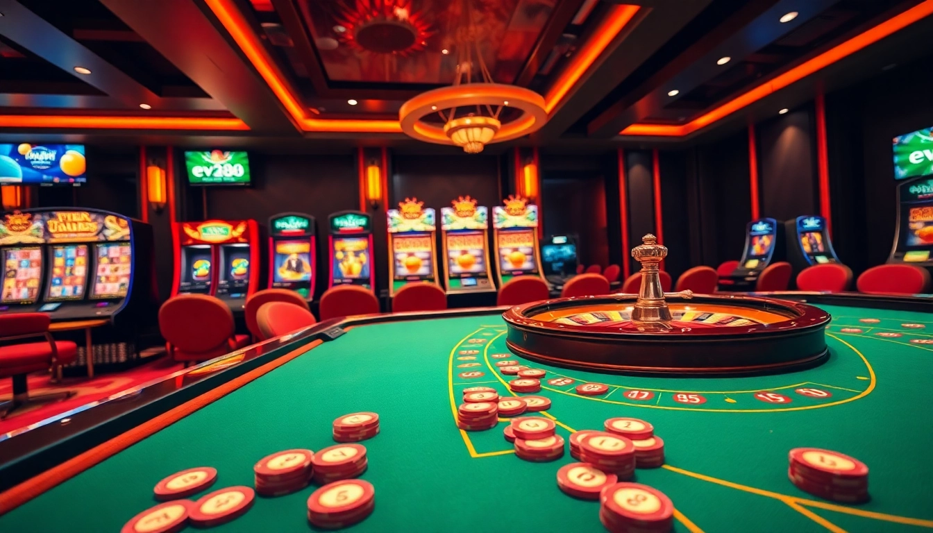 Engage in high-stakes gaming at ev88's luxurious casino tables with poker chips and roulette wheel.