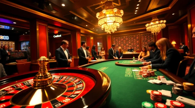 Experience the excitement at GO88 with vibrant casino tables filled with players and colorful chips.