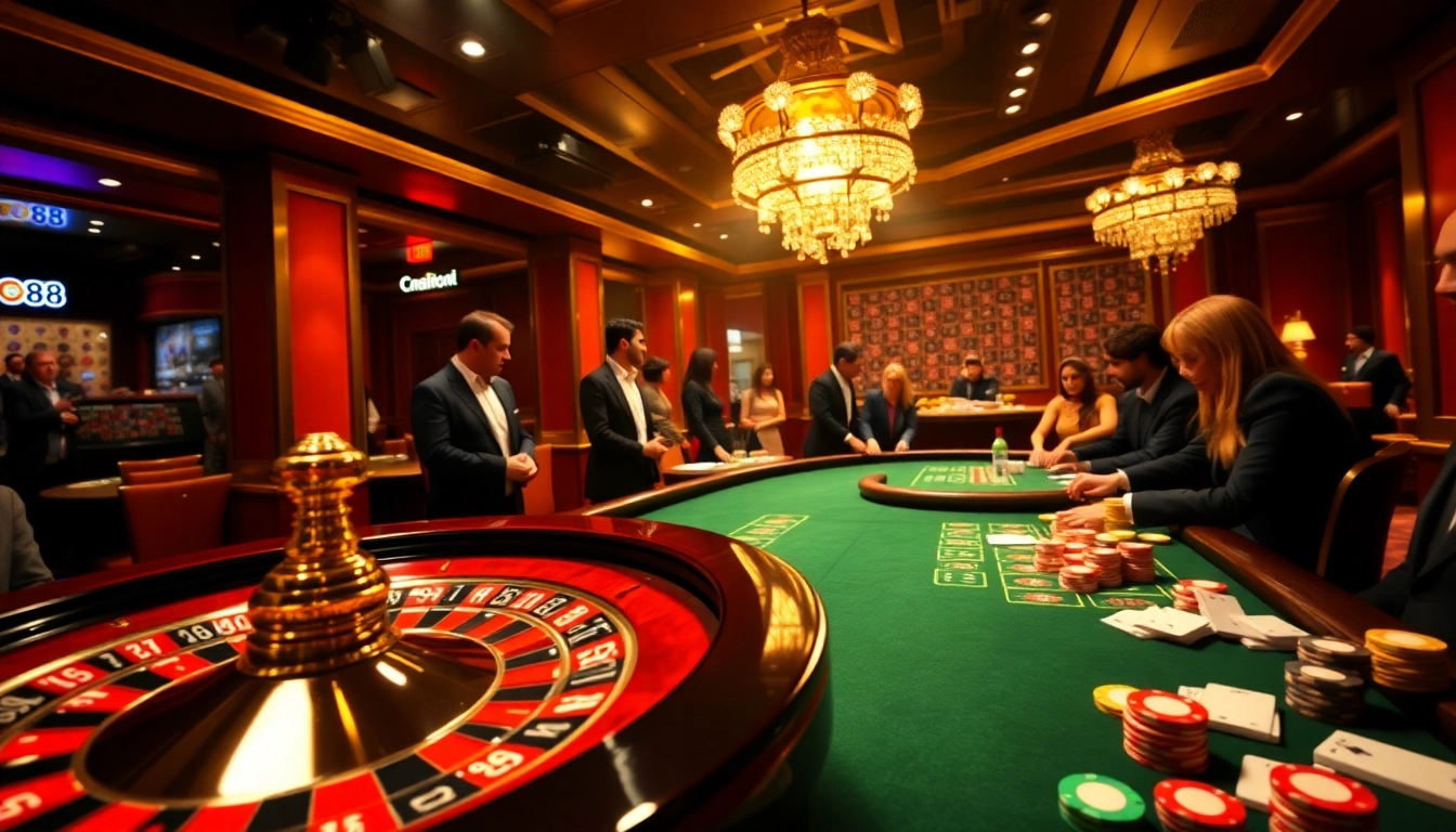 Experience the excitement at GO88 with vibrant casino tables filled with players and colorful chips.