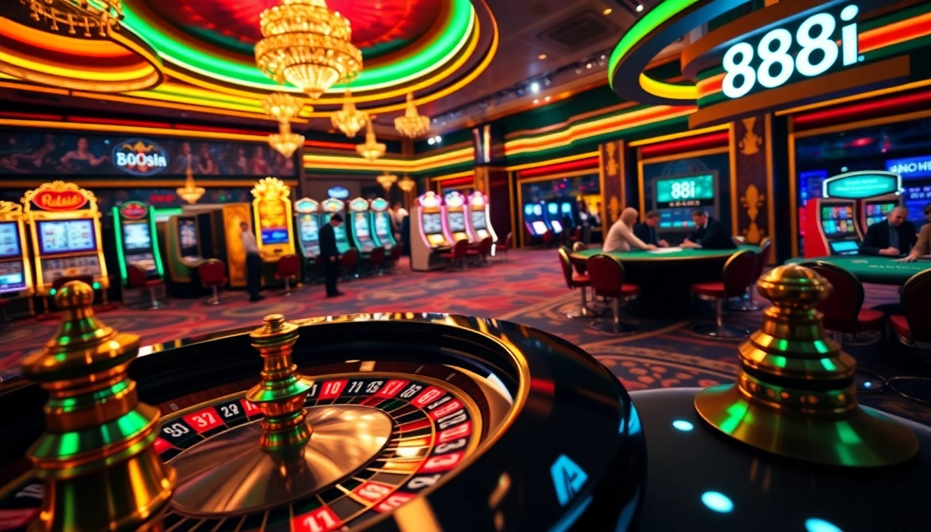 Players placing bets at a lively casino scene with roulette and 88i branding, capturing the excitement of gambling.